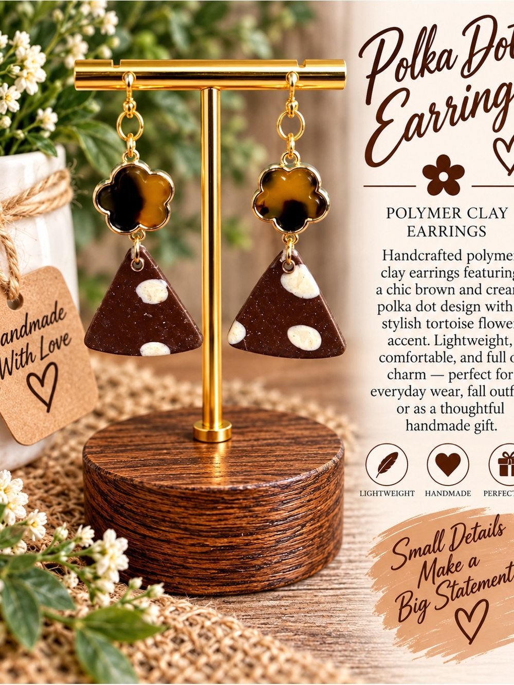 Handcrafted Brown Polka Dot Flower & Triangle Drop Earrings